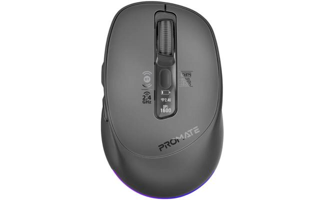 Promate Blix-3M Computer Mouse, Adjustable 1600DPI Sensor, 7D Silent Precision, OLED Smart Display, RGB Ambient Lighting, Rechargeable Battery, Bluetooth 5.1, Black